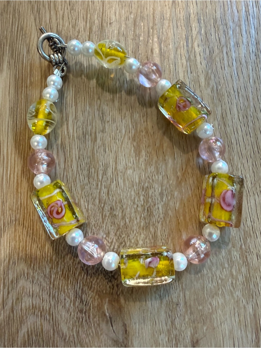 Handmade Yellow and Pink Glass Bead Bracelet